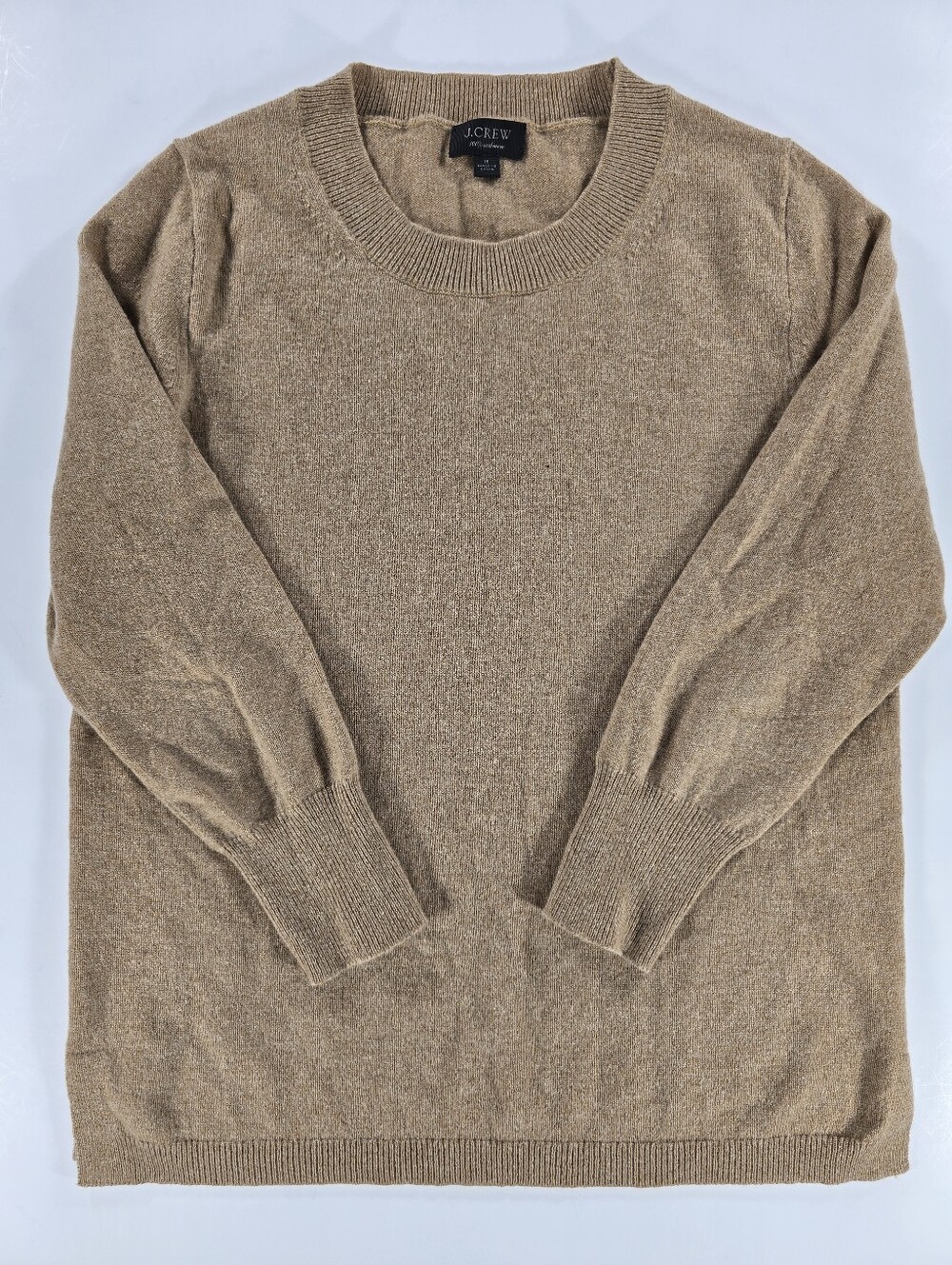 J. Crew 100% Cashmere Crewneck Sweater Tan Brown 3/4 Sleeve Womens Medium J Crew